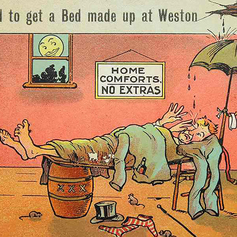 1909 Antique Comic Postcard I managed to get a Bed made up at Weston King Edward VII Halfpenny Stamp