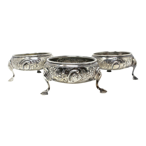 1742 - 1764 Antique George II Era Set Three Sterling Silver Salts Pots Silversmiths IS&AN London Hallmarks
