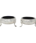 1748 Antique George II Era Set Pair Sterling Silver Salts Pots with Blue Glass Liners London Hallmarks