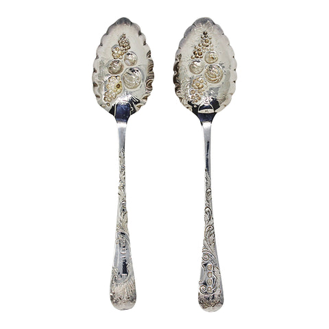 1797 and 1815 Antique George III Era Pair Solid Silver Berry Spoons with original Case Silversmith William Bateman, Peter & Ann Bateman London Hallmarks