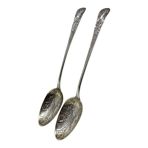 1802 Antique George III Era Large Pair Solid Silver Berry Serving Spoons with Case Silversmith George Wintle London Hallmarks