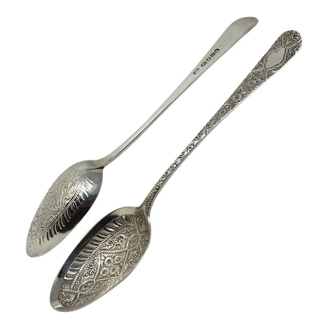 1803 Antique George III Era Large Pair Solid Silver Berry Serving Spoons with Wooden Box Silversmith Thomas Wallis II London Hallmarks
