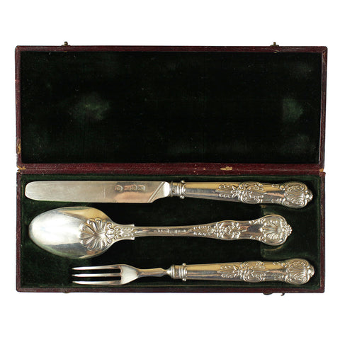 1838 Antique William IV Solid Sterling Silver 3 Piece Travelling Cutlery Set with case silversmith Aaron Hadfield