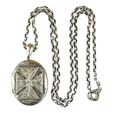 1880 Victorian Antique Pendant Locket Cross Design and Chain Silver Hallmarked Birmingham