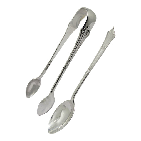 1883 -1890 Antique Victorian Era Set Six Sterling Silver Tea Spoons and Sugar Tongs Harrison Brothers & Howson (Henry Harrison) Sheffield Hallmarks