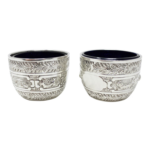 1884 Antique Victorian Era Pair Sterling Silver Salts Decorated with the signs of the Zodiac Silversmiths Charles Stuart Harris London Hallmarks