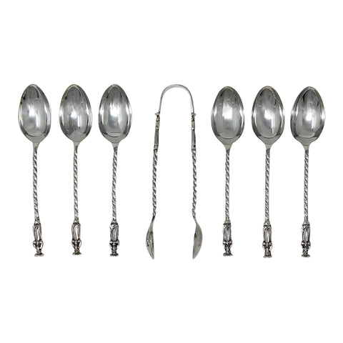 1887 Antique Victorian Era Set Six Silver Apostle Coffee Spoons and Sugar Tongs Silversmith Josiah Williams & Co, George Maudsley Jackson London Hallmarks