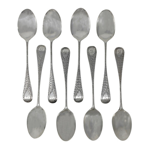 1887 Antique Victorian Era Sterling Silver Set Eight Tea Spoons Silversmith Wakely & Wheeler (James Wakely & Frank Clarke Wheeler) London Hallmarks