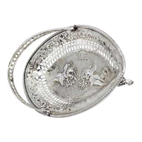 1891 Antique Victorian Era Angels Decorative Sterling Silver Pierced Sweets Basket Silversmith Nathan & Hayes (George Nathan & Ridley Hayes) Birmingham Hallmarks