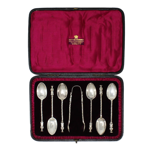 1892 - 1895 Antique Victorian Era Set Six Sterling Silver Apostle Tea Spoons and Sugar Tongs Silversmith Josiah Williams & Co (George Maudsley Jackson) London Hallmarks