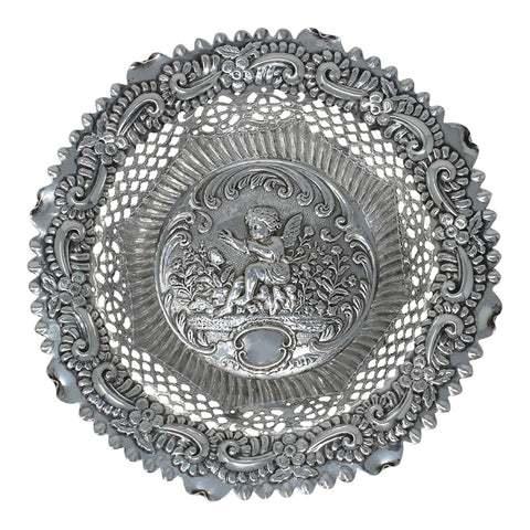 1896 Antique Victorian Era Sterling Silver Pierced Dish with Cupid Cherub Decoration Silversmiths William Devenport Birmingham Hallmarks