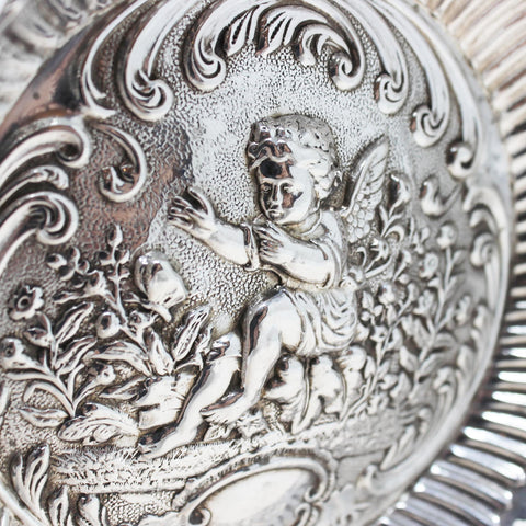 1896 Antique Victorian Era Sterling Silver Pierced Dish with Cupid Cherub Decoration Silversmiths William Devenport Birmingham Hallmarks
