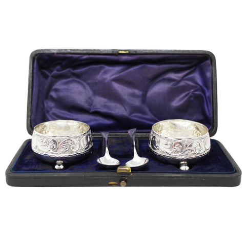 1896 Antique Victorian Era Sterling Silver Two Salt Pots and Two Spoons with Original Case Silversmith John Gilbert Birmingham Hallmarks