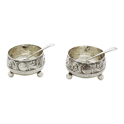 1896 Antique Victorian Era Sterling Silver Two Salt Pots and Two Spoons with Original Case Silversmith John Gilbert Birmingham Hallmarks