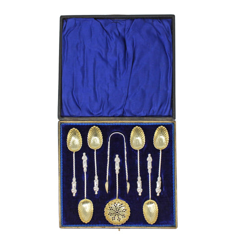 1896 Antique Victorian Era Set Six Silver Apostle Coffee Spoons, Sugar Tongs and Sifter Birmingham Hallmarks