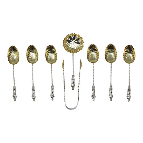 1896 Antique Victorian Era Set Six Silver Apostle Coffee Spoons, Sugar Tongs and Sifter Birmingham Hallmarks