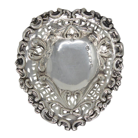 1897 Antique Victorian Era Sterling Silver Heart Shaped Pierced Bonbon Dish Silversmith Thomas Hayes Birmingham Hallmarks