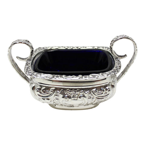 1898 Antique Victoria Era Sterling Silver Open Salt Pot with Blue Glass Liner Synyer & Beddoes (Harry Synyer & Charles Joseph Beddoes) Birmingham Hallmarks