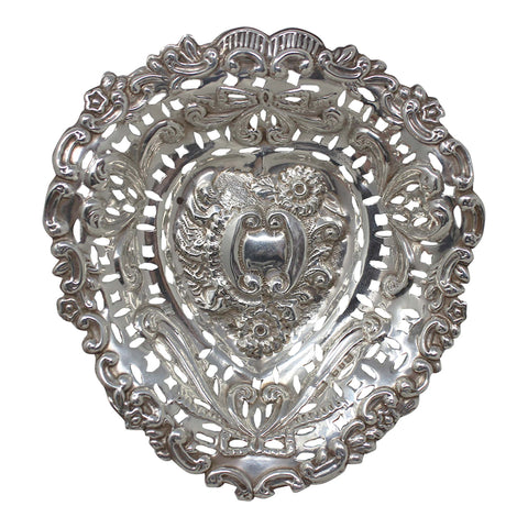 1899 Antique Victorian Era Heart Shaped Sterling Silver Pierced Dish Silversmith H Humphries & Co Birmingham Hallmarks