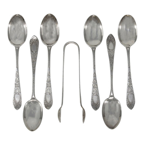 1901 Antique Victorian Era Set Six Sterling Silver Tea Spoons and Sugar Tongs Silversmith Sutherland & Roden (George Guirren Rhoden) Sheffield Hallmarks