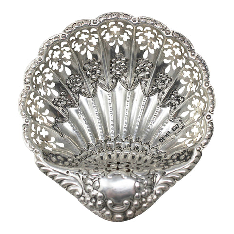 1903 Antique Edwardian Era Shell Shaped Sterling Silver Pierced Dish Silversmith Atkin Brothers Sheffield Hallmarks