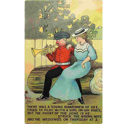 1904’s Antique Comic Postcard “There was a young bandsmen of dee, tried to play with a girl on his knee.."