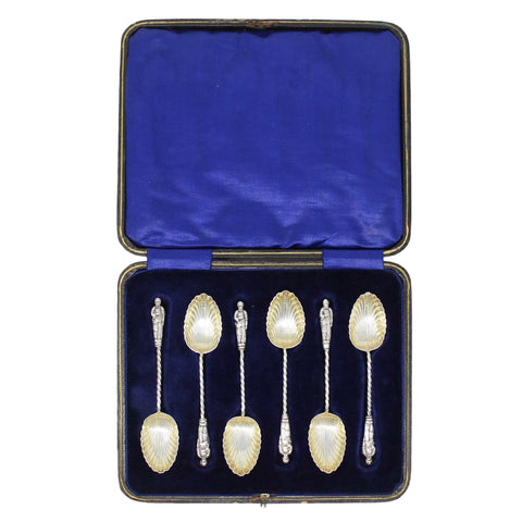 1905 Antique Edwardian Era Sterling Silver Apostle Set Six Tea Spoons with original Case Silversmith William Devenport Birmingham Hallmarks