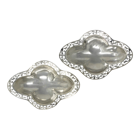 1905 Antique Edwardian Era Quatrefoil Shape Pair Sterling Silver Pierced Dishes Silversmith Cohen & Charles London Hallmarks