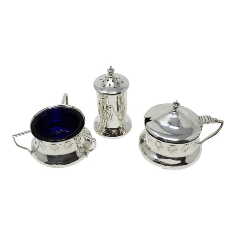 1905 – 1908 Antique Edwardian Era Cruet Set Sterling Silver Mustard Pot, Salt Pot with Blue Glass Liners and Pepper Shaker Silversmiths Jones & Crompton Birmingham Hallmarks