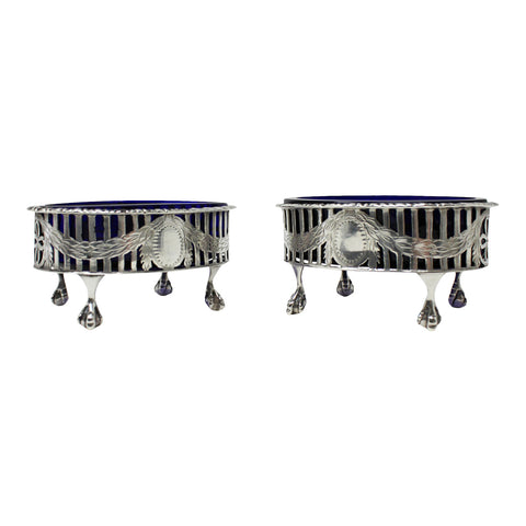 1906 Antique Pair Sterling Silver Salt Cellars London Hallmarks Edward VII Era in George III style with pierced and engraved sides