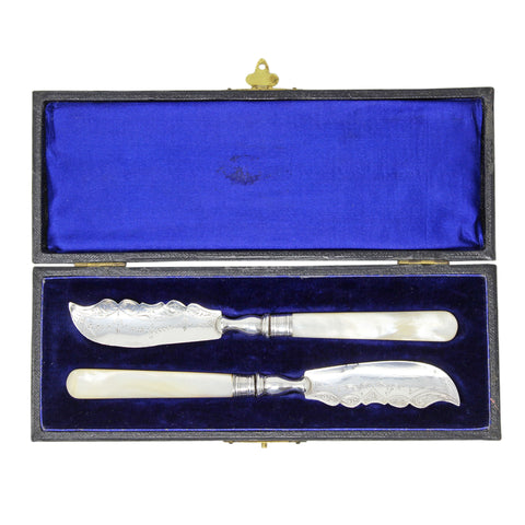 1907 Antique Edwardian Era Pair Solid Silver Butter Knives with original Case Silversmith Hilliard & Thomason Birmingham Hallmarks