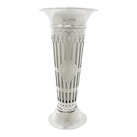 1907 Antique Edwardian Era Sterling Silver Pierced Vase with Glass Liner Silversmiths Ackroyd Rhodes; Manoah Rhodes & Sons Ltd London Hallmarks
