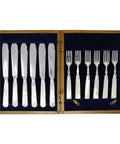 1909 - 10 Antique Edwardian Era Sterling Silver and Mother of Pearl 12 Fish Cutlery Set with original Wooden Case Silversmith Frederick C Asman & Co Sheffield Hallmarks
