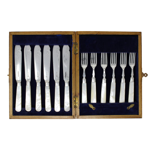 1909 - 10 Antique Edwardian Era Sterling Silver and Mother of Pearl 12 Fish Cutlery Set with original Wooden Case Silversmith Frederick C Asman & Co Sheffield Hallmarks
