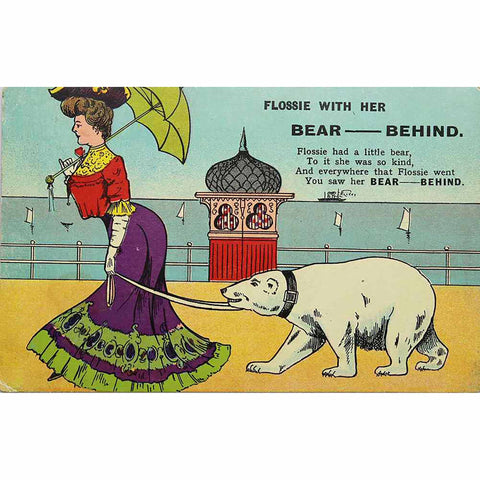 1909 Antique Comic Flossie with her bear behind Postcard
