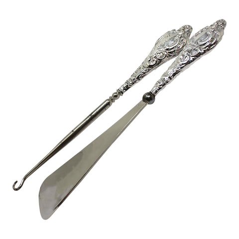 1911 Antique George V Era Sterling Silver Handles Shoe horn and Button hook with original Case Silversmith J & R Griffin (Joseph & Richard Griffin) Chester Hallmarks