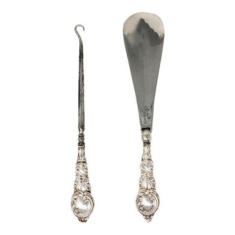 1915 Antique George V Era Sterling Silver Handles Shoe horn and Button hook with original Case Silversmith G & C Ltd Birmingham Hallmarks