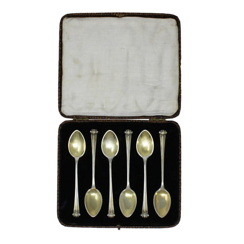 1918 Antique George V Era Sterling Silver Set Six Tea Spoons Original Case Silversmith Henry James Hulbert London Hallmarks