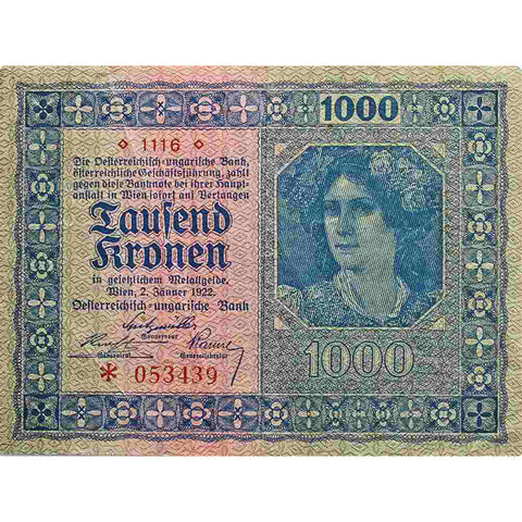 1922 First Issue January 2 Austria 1000 Kronen  banknote