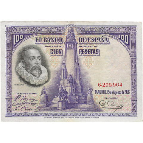1928 100 Pesetas Spain Banknote Portrait of Miguel de Cervante