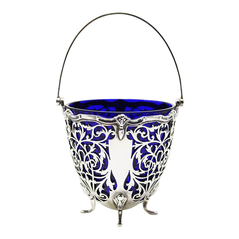 1928 George V Era Sterling Silver Pierced Sugar Basket with Blue Glass Liner Silversmith Barker Brothers Silver Ltd Birmingham Hallmarks