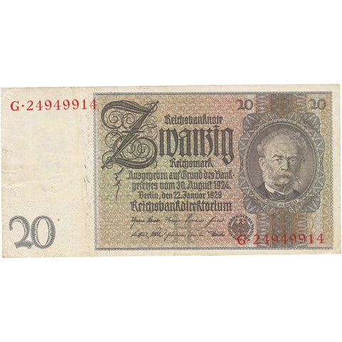 1929 20 Reichsmark Germany Banknote Portrait of Werner von Siemens