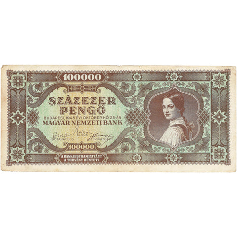 1945 100000 Pengő Hungary Banknote Portrait of a Valéria Rudas