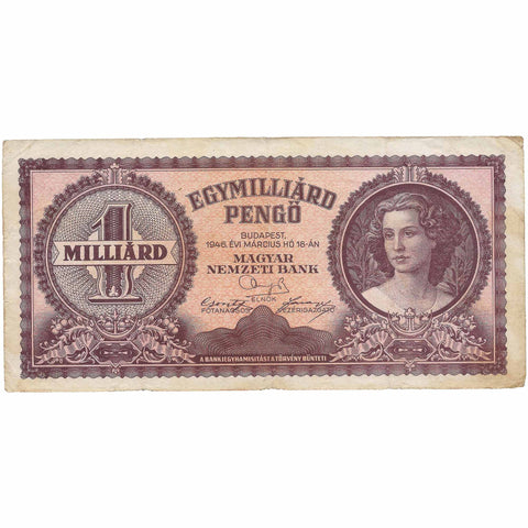 1946 Milliard Pengo Hungary Banknote Portrait of Lucia Lendvay