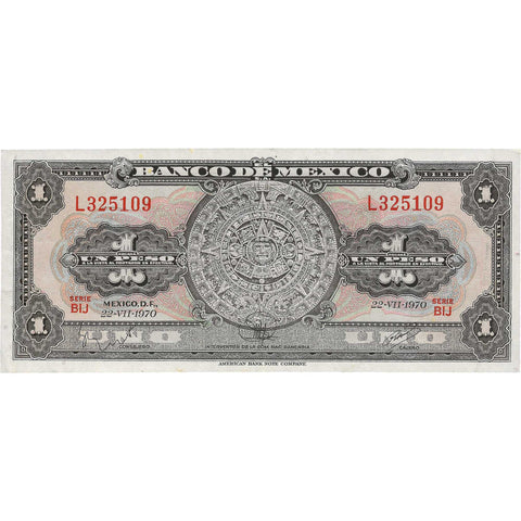 1957-1970 One Peso Mexico Banknote Aztec stone at center