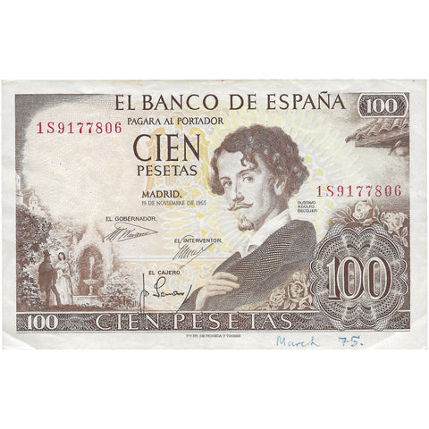 1965 100 Pesetas Spain Banknote Portrait of Gustavo Adolfo Bécquer