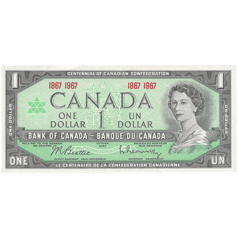 1967 1 Dollar Canada Banknote Portrait of Elizabeth II Centennial of Confederation