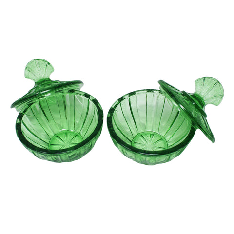 1970’s Vintage Green Glass Set 2 Bowls with Lid Shell Top Art Deco Style glass dish, vintage glass, vintage glassware