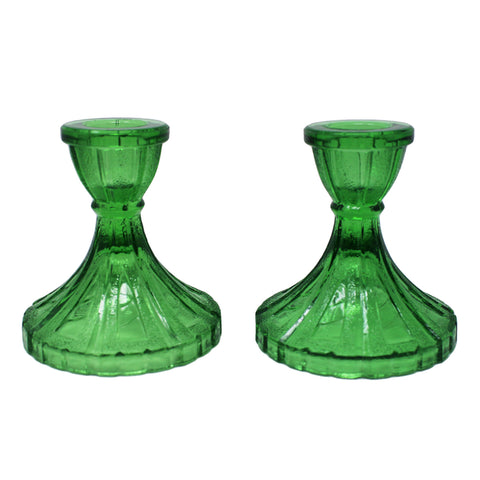 1970’s Vintage Green Glass Set 2 Candlesticks Art Deco Style vintage glass, vintage glassware