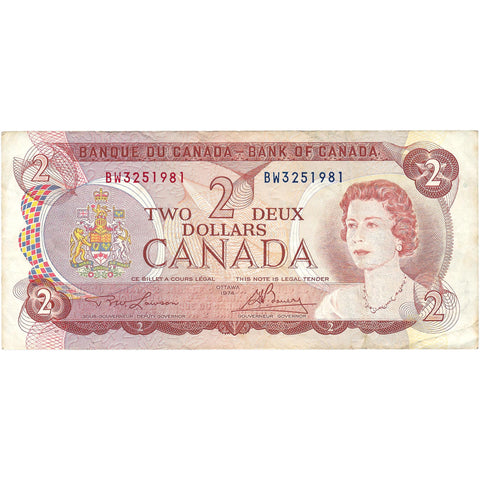 1974 2 Dollars Canada Banknote Portrait of Elizabeth II